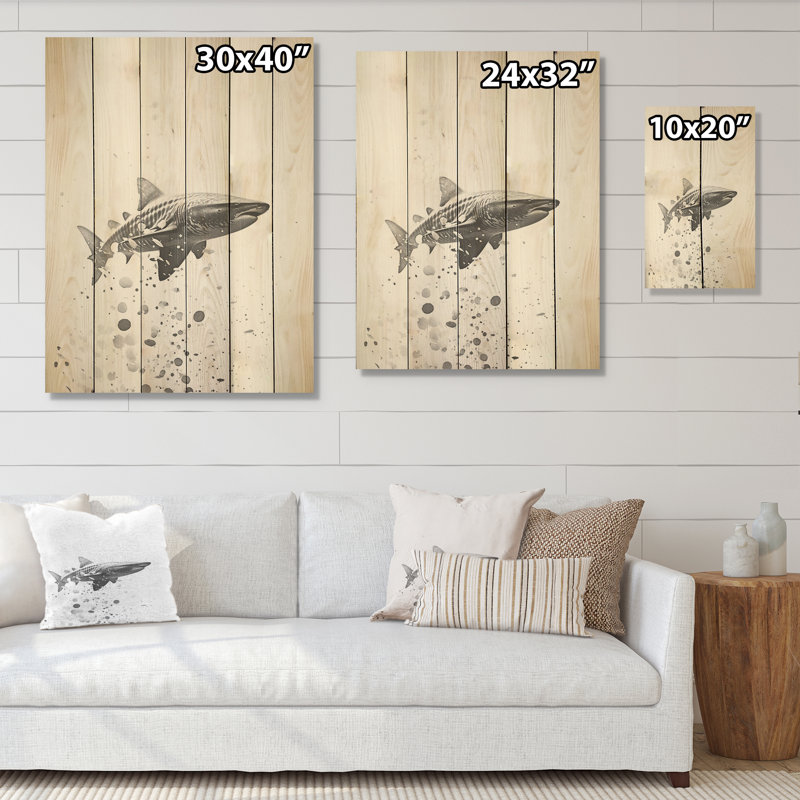 Danse de requin gris monochrome - Art mural en bois de requin sur bois de pin naturel, H 20 po x l 10 po