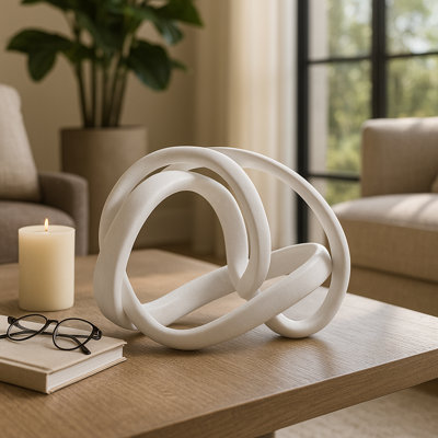 Decorative Abstract Circular Loop Statue Sculpture For Home Decor - Contemporary Decorative Objects For Living Room And Tabletop Styling - 16", White