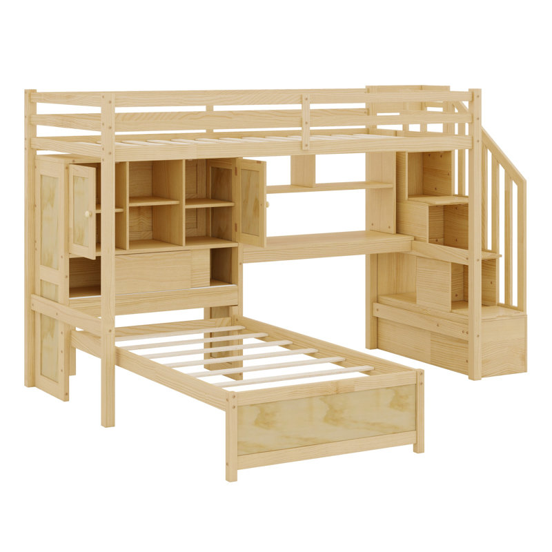 Lit mezzanine avec bureau intégré et escalier, avec compartiments de rangement et tablettes