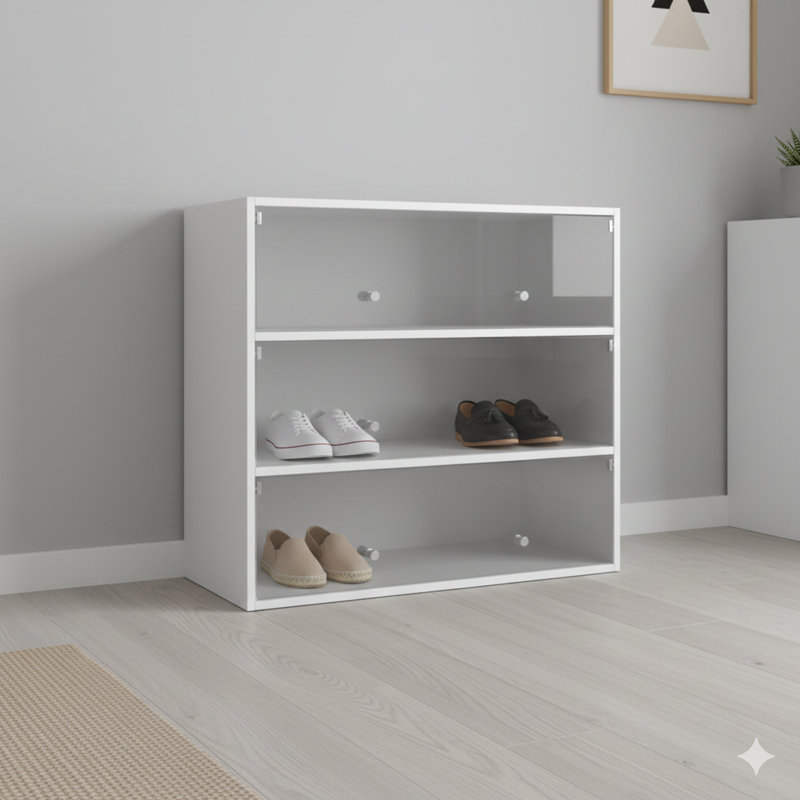 Présentoir à chaussures et étui de rangement avec façade en verre blanc et éclairage à DEL RVB à changement de couleur intégré