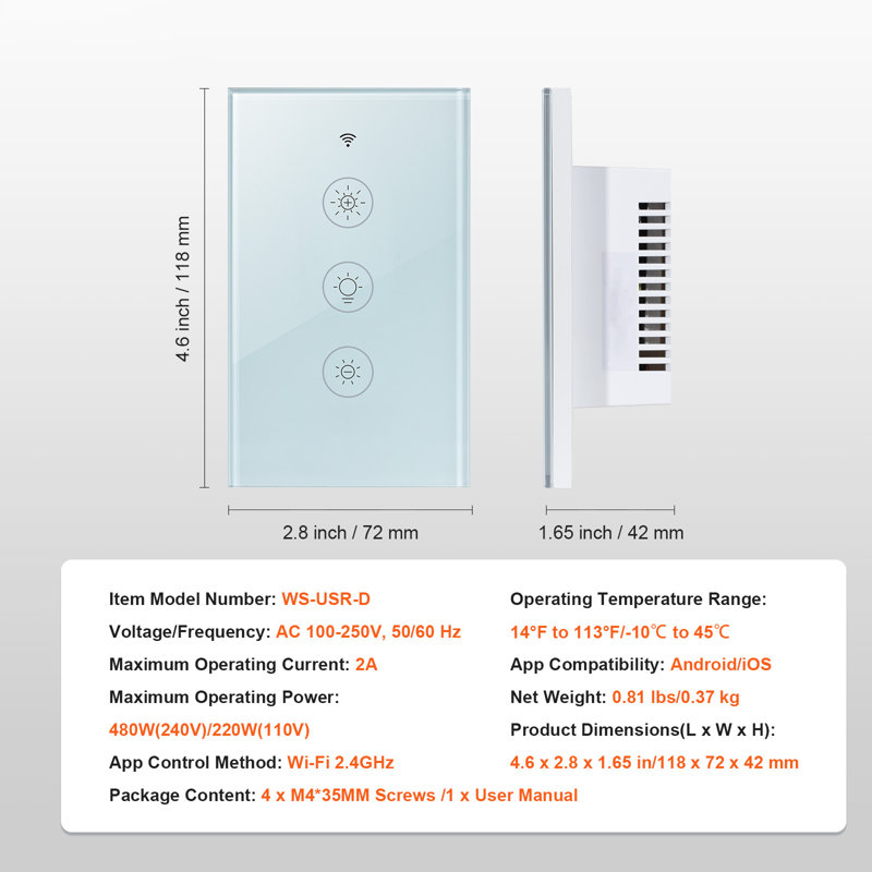 2 PCS gradateur de lumière intelligent WiFi, 100-250V AC Wi-Fi 2,4Ghz, 15% à 85% gradateur d'intensité à intensité variable avec panneau tactile, télécommande vocale compatible avec Alexa Google Home