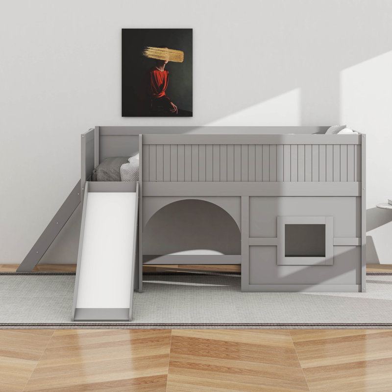 Full Size Low Loft Bed With Slide And Shelves, Multiple Functions Wooden Low Loft Bed Frame With Storage Shelves, Door And Window Design