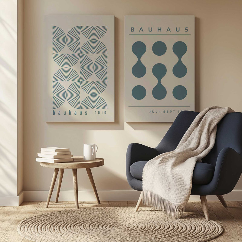 Bauhaus Flow and Composition en bleu tempête I, ensemble de 2, Toile tendue, H 13 po x l 40 po