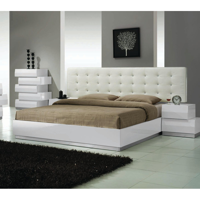 Mcgowen Upholstered Off White Leather Platform Bed , King