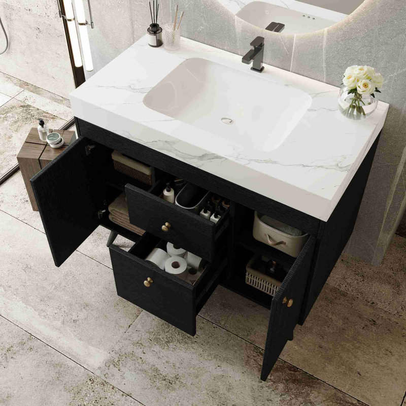Meuble-lavabo sur pied 36 po, Noir, Blanc