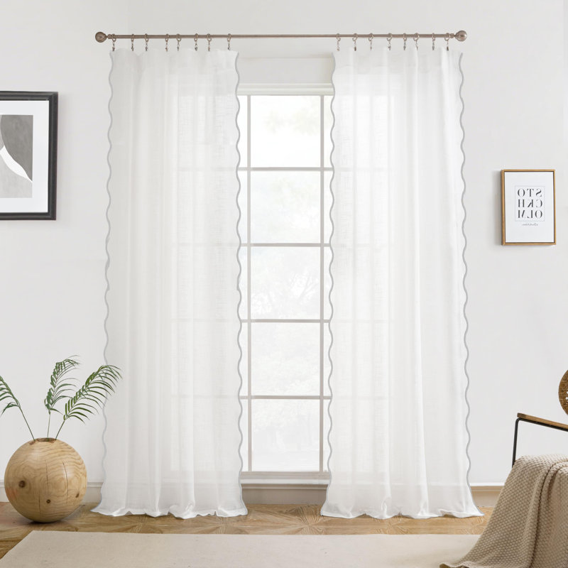 Semi Sheer Scalloped Edge White Coastal Beach Window Curtains for Living Room Bedroom 2 Panels Rod Pocket, 52" W x 90" L