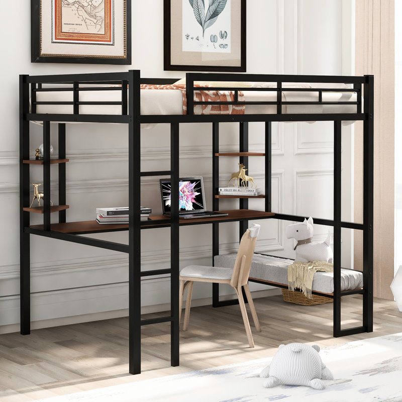 Lit mezzanine double en métal pleine grandeur, noir - bureau long et tablettes pour une organisation fonctionnelle et efficace du bureau à domicile