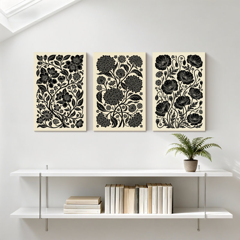 Plantes et fleurs, motif floral noir sur fond crème, ensemble de 3 impressions murales sur toile, H 36 po x l 72 po