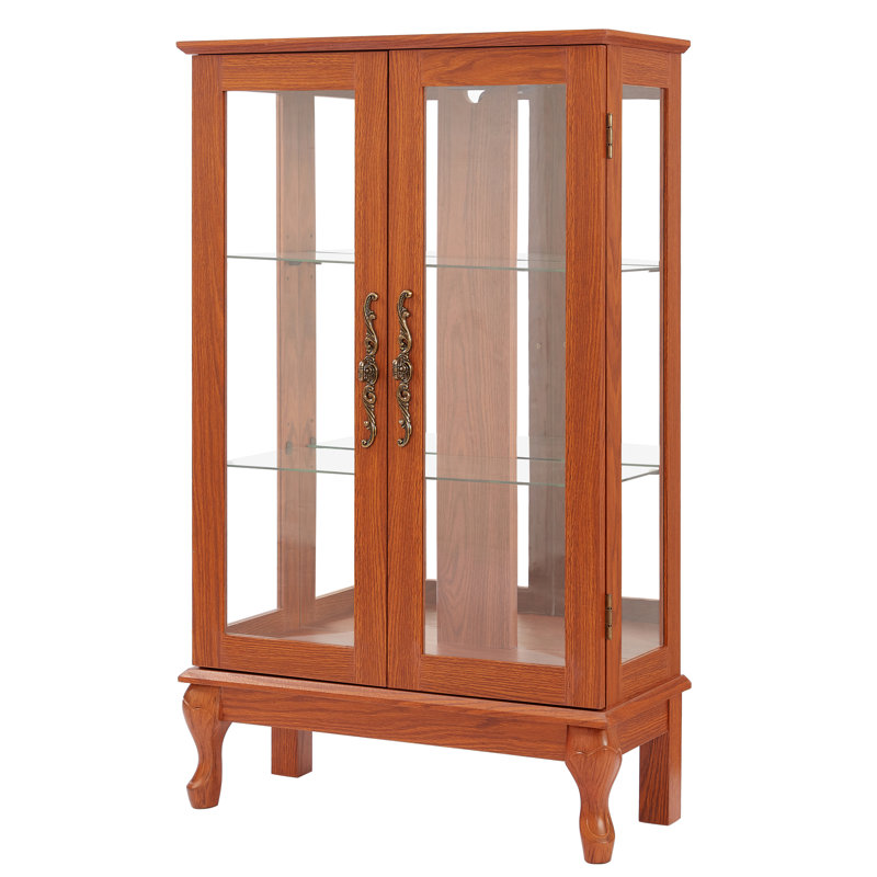 American Retro Style Dark Oak 2 Doors Curio Cabinet With Tempered Glass, Mirrored Back, , And Adjustable Shelves For Home Or Office Display Of Exquisite Items Collectibles Shelves, Showcase