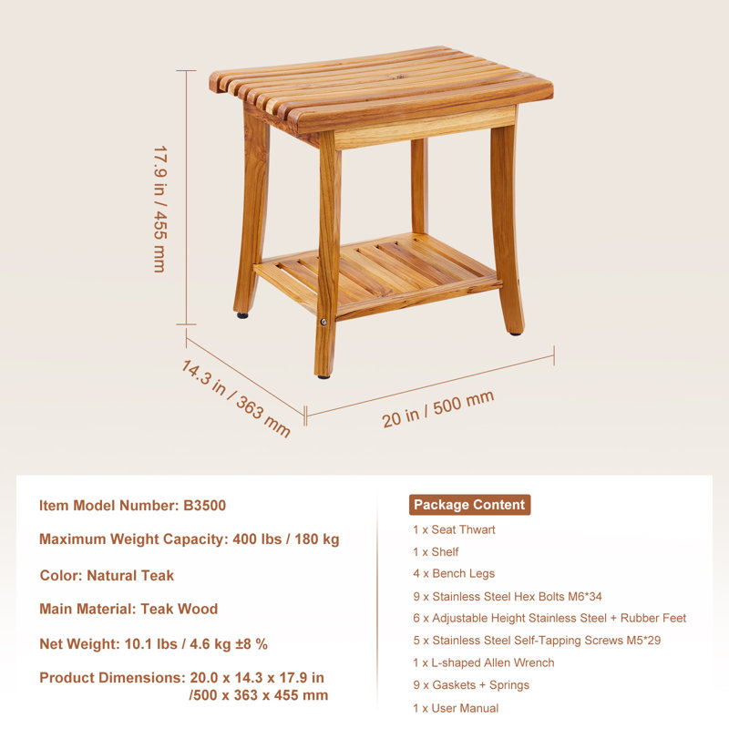 Teak Shower Bench, 20 x 14.3 x 17.9 in, 400 lbs Maximum Load Capacity Shower Chair Seat, Waterproof Wood Shower Stool with Storage Shelf Non-Slip Foot Pads