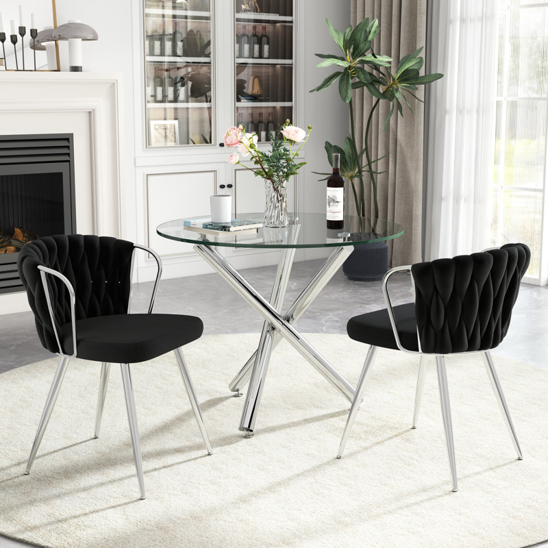 Elegant Round Glass Dining Table Set, Beige, 3 Pieces: Table, 2 Chairs, Silver