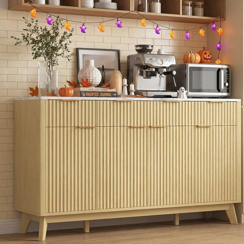 Buffet 60 po à lattes cannelées, armoire de rangement moderne avec tiroirs et tablettes réglables, console en bois pour le salon, la salle à manger et la cuisine