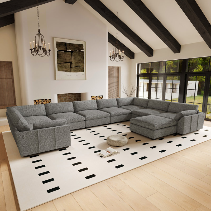 Canapé 6 places en chenille imperméable en forme de U avec double assise d'angle et pouf, Chenille gris pâle