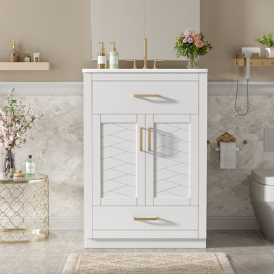 Meuble-lavabo 24 po avec lavabo en céramique, armoire de salle de bain avec 2 portes, 1 tiroir basculant, meuble-lavabo simple, blanc