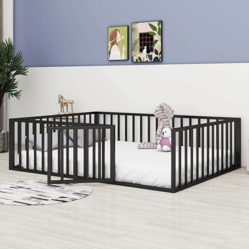 Diocles Metal Floor Bed Frame with Fence & Door, Black, Twin