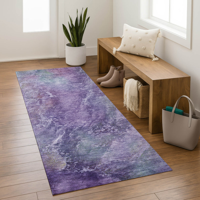 Premium Machine Washable Mayfield AMF2308 Abstract Rug, 2'3" x 7'6" Runner, Purple
