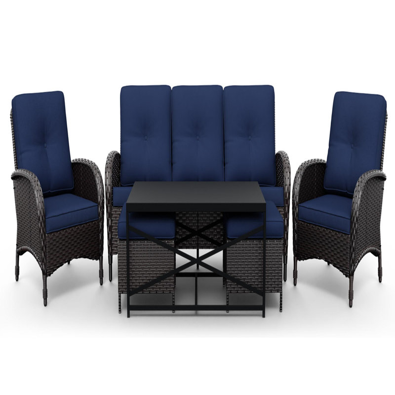 5-Person PE Wicker Outdoor Patio Set With Sofa,Chairs,Ottomans,Coffee Table & Blue Cushions, Blue
