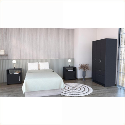 Bedroom Set, 3-Piece Cartagena Armoire + 2 Omaha Nightstands for Main/Guest Rooms | Black | Particle Board