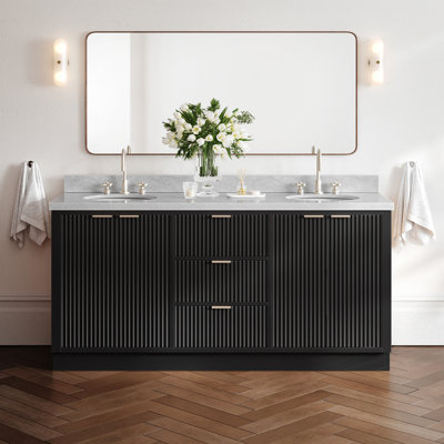 Meuble-lavabo double en bois massif 72 po avec lavabo ovale en marbre de Carrare noir 1,5 po Haun