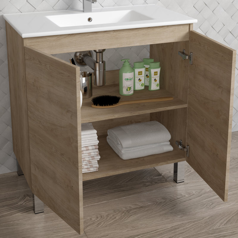 Jasso 32'' Single Bathroom Vanity with Ceramic Top, Oak
