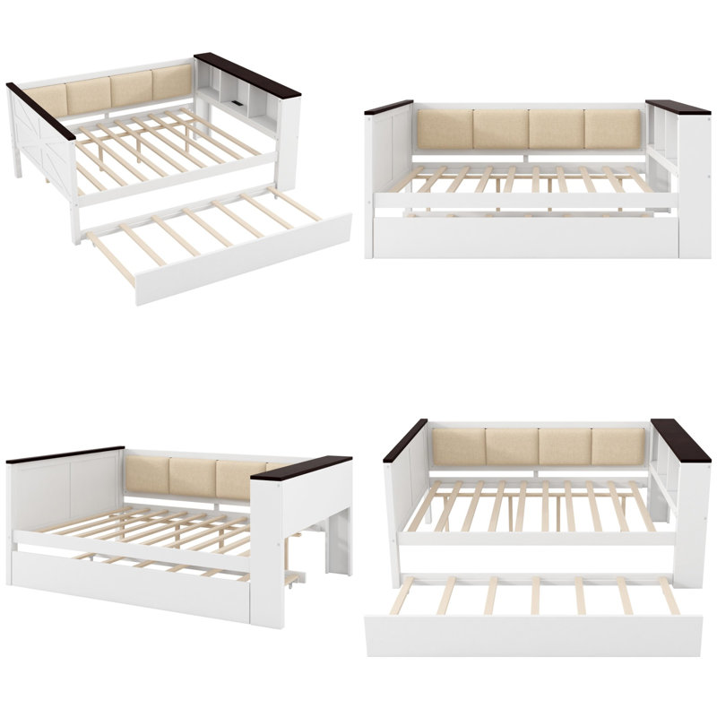 Wood Daybed with Trundle and Storage Shelves, Upholstered Backrest with USB Charging Station, White Solid Pine Frame for Bedroom, Guest Room or Office, No Box Spring Needed