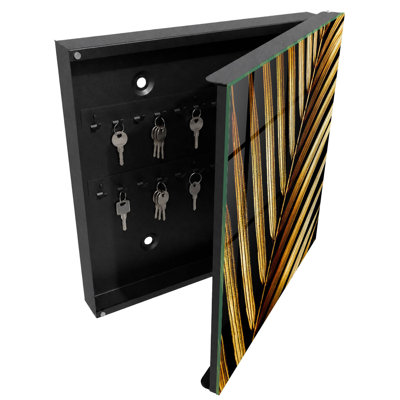 Key box for wall, Opens to the right, 30x30x5, White, Golden leaves on a black background, 