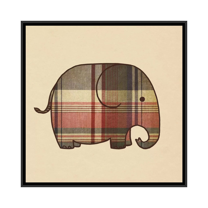 « écossais éléphant »-impression sur toile tendue, H 18 po x l 18 po x P 1,5 po, Toile avec cadre noir, Pas de tapis