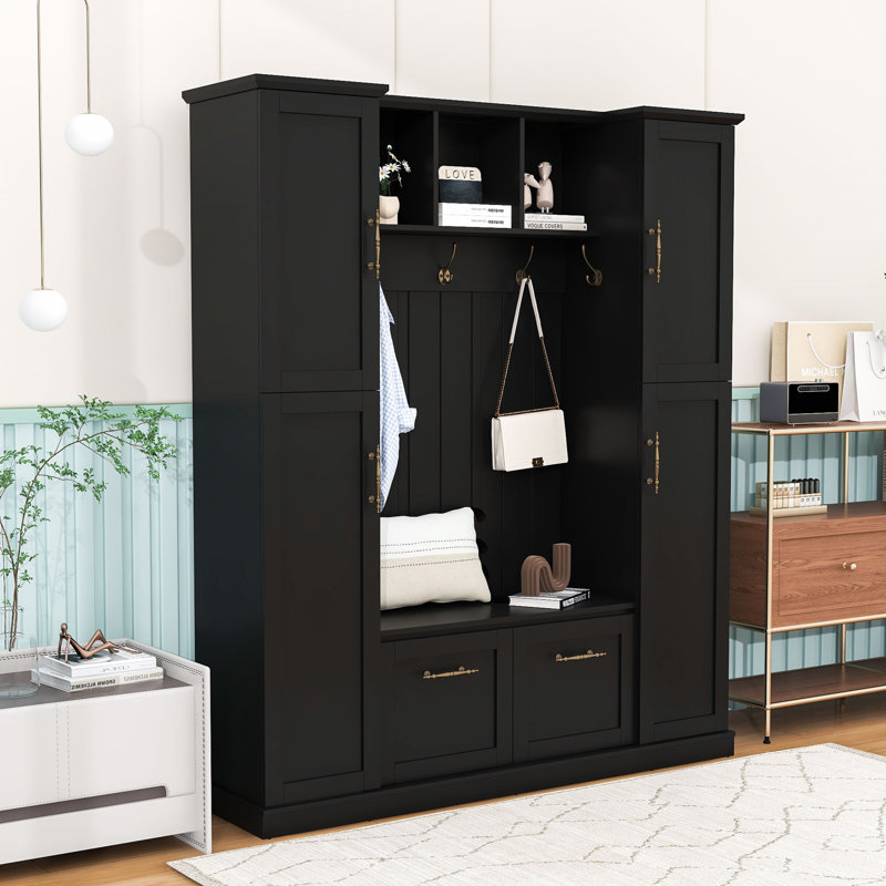 Farmhouse Hall Tree with Bench, Cabinets, 5 Hooks and Adjustable Shelves, Black
