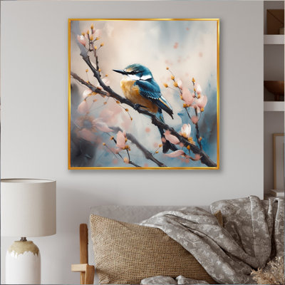 Deux oiseaux bleus sur un arbre à fleurs IV - animaux, art mural floral, salon