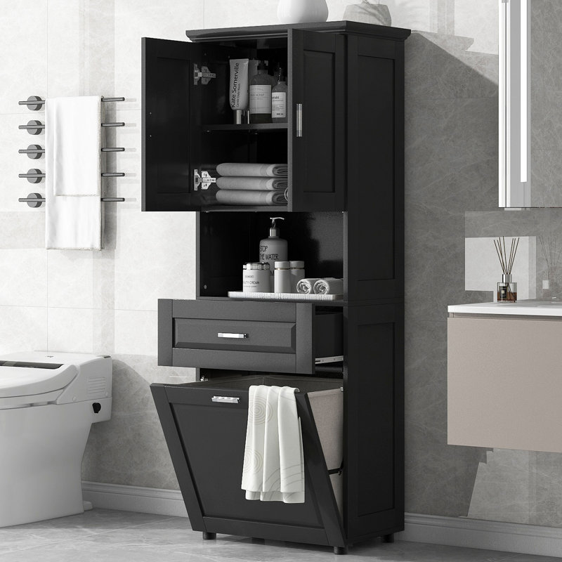 Tall Bathroom Cabinet With Laundry Basket, Large Storage Space Tilt-Out Laundry Hamper And Upper Storage Cabinet, Black