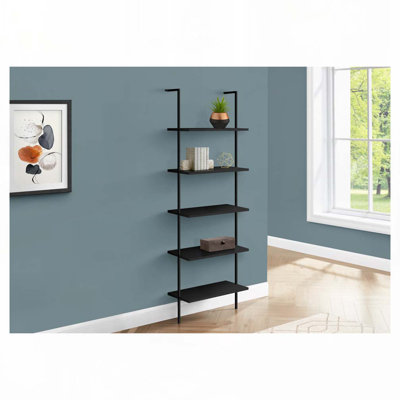 Bookshelf, Bookcase, Etagere, Ladder, 5 Tier, 72"h, Office, Bedroom, Black Laminate, Black Metal, Contemporary, Modern