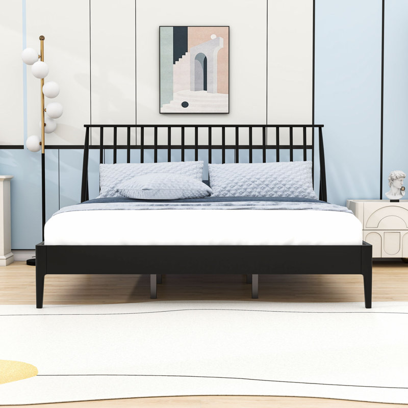 Platform Bed Frame with Spindle Headboard, Black, King