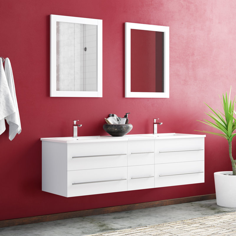 Ensemble de meuble-lavabo de salle de bain double fixé au mur 60 po avec miroir Morford, Blanc