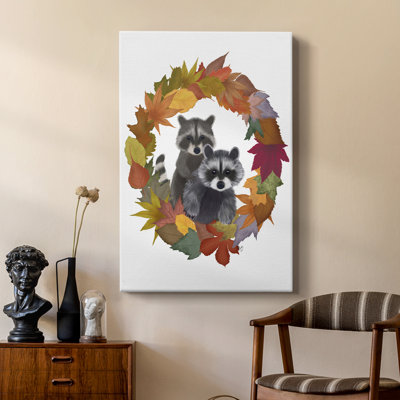 Raccoons Autumn Leaf Wreath -Custom Wrapped Gallery Cavas