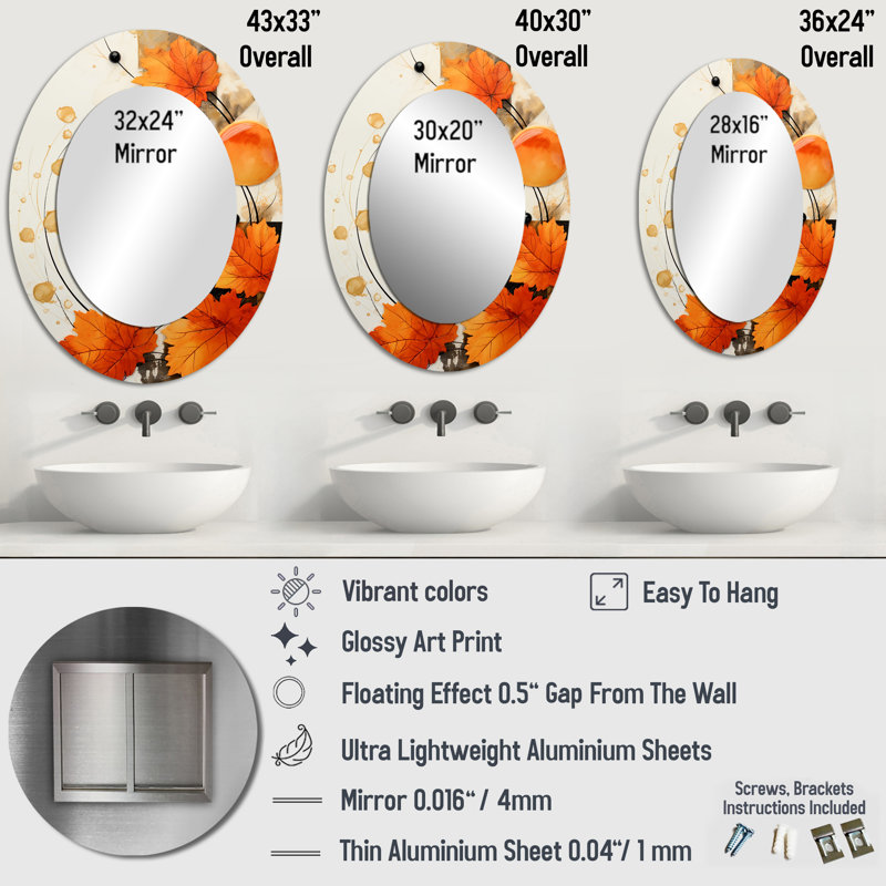 Orange And White Floral Radiance I - Large Oval Wall Mirror On Metal, 43" H x 33" W