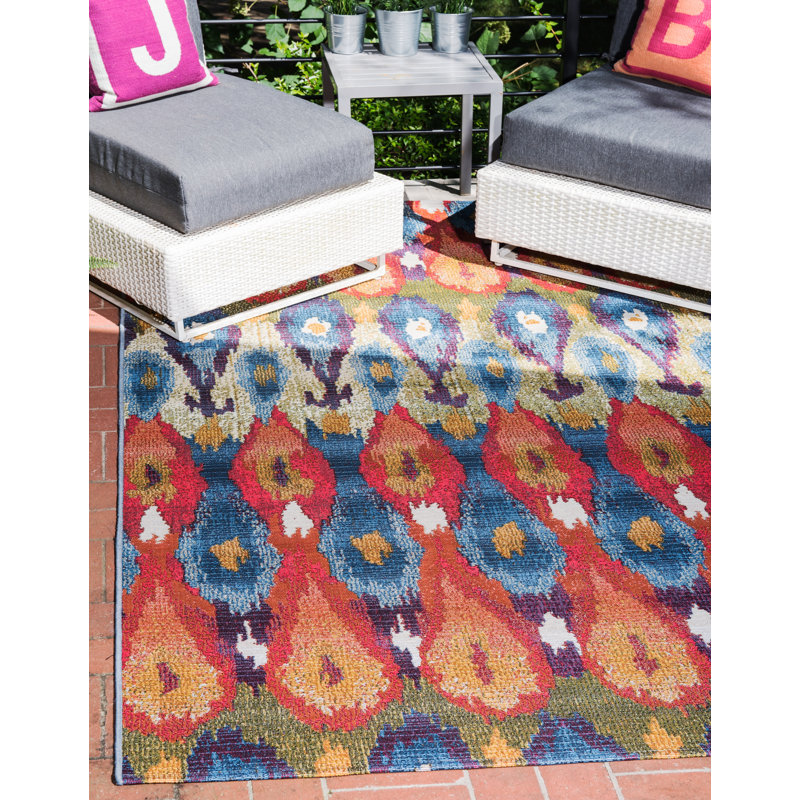 Tapis bleu intérieur / extérieur Newt Ikat, Rectangle 8 pi x 11 pi 4 po