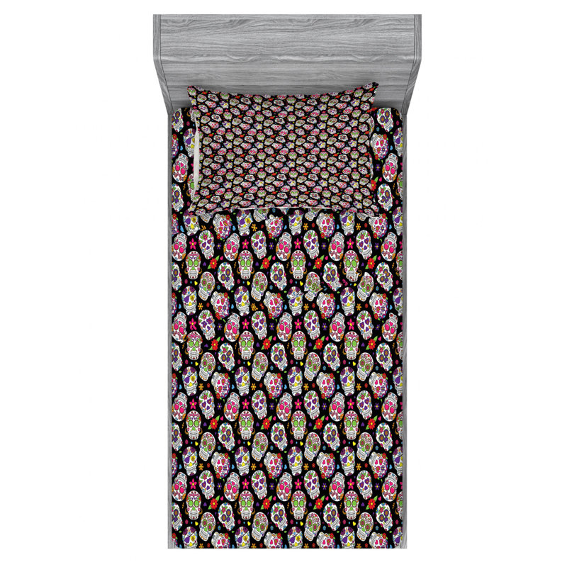 Sugar Skull Microfiber Sheet Set, Twin XL Sheet Set with Fitted Sheet