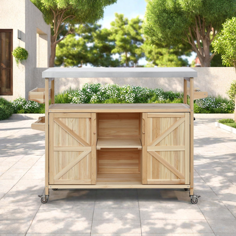 Îlot de cuisine extérieur avec chariot à roulettes et armoire de rangement, Bois naturel