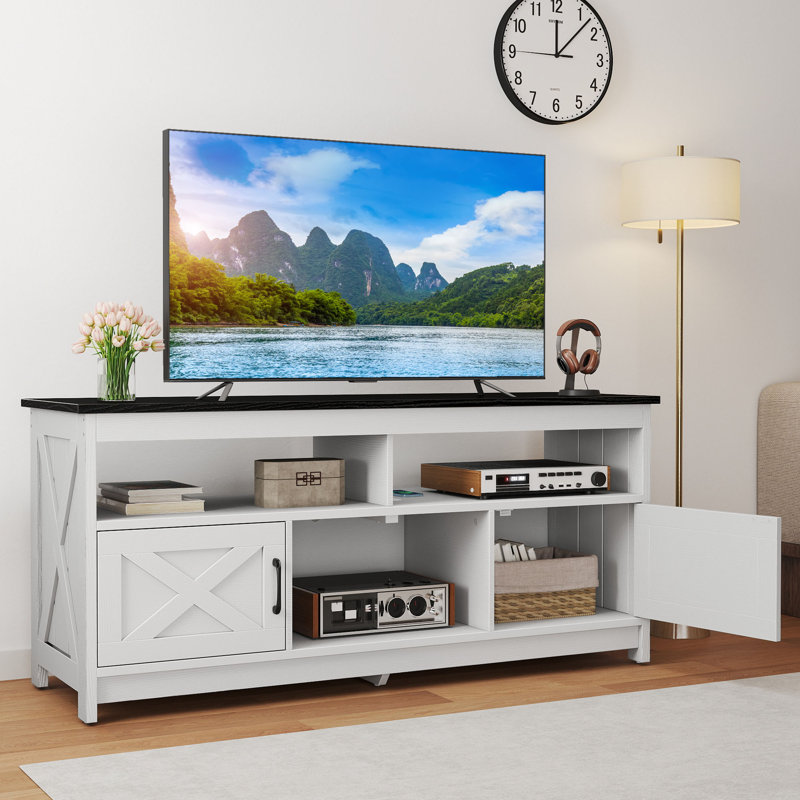 Farmhouse TV Stand Cabinet for TVs up to 65" with Open Shelves, Brown/White, 25.8"H x 59"L x 15.7"W