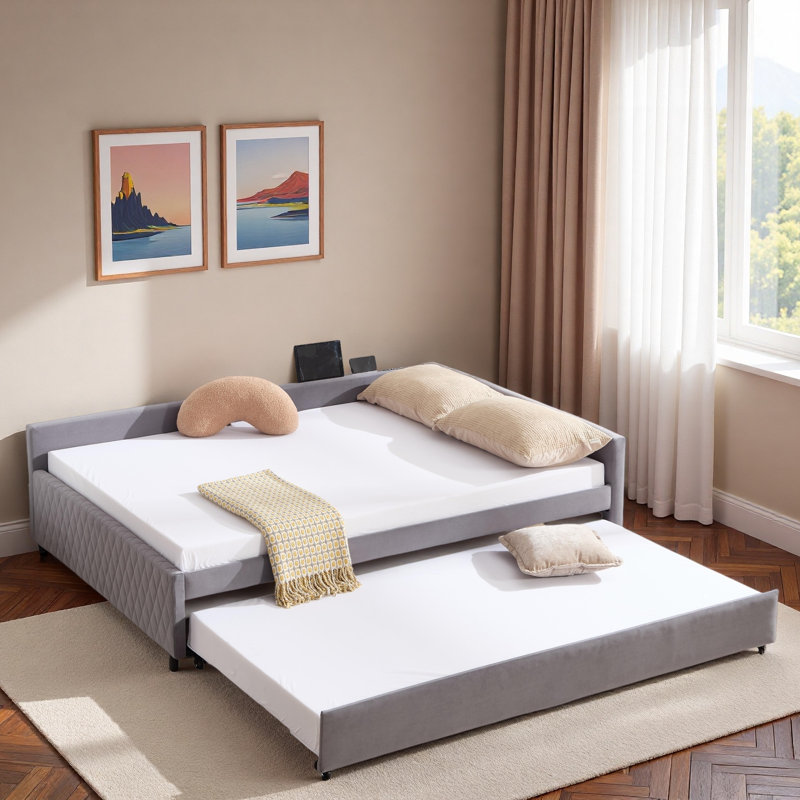 Upholstered Daybed With Trundle And Usb, Gray