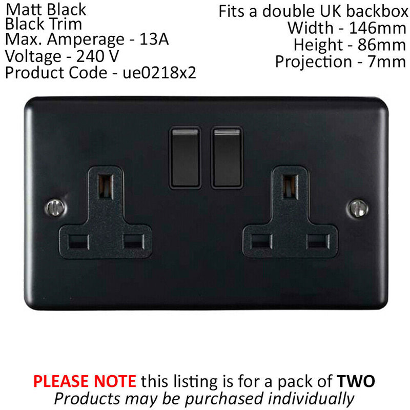 2 PACK 2 Gang Double UK Plug Socket MATT BLACK 13A Switched Power Outlet, Matte Black, Black