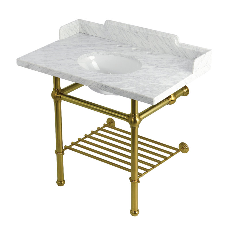 Kingston Brass Pemberton 36-Inch Carrara Marble Console Sink with Brass Legs and Shelf (8-Inch, 3-Hole)