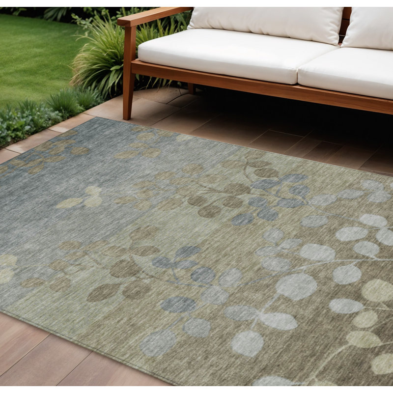 Tapis extérieur lavable floral kaki et gris 10 pi x 14 pi