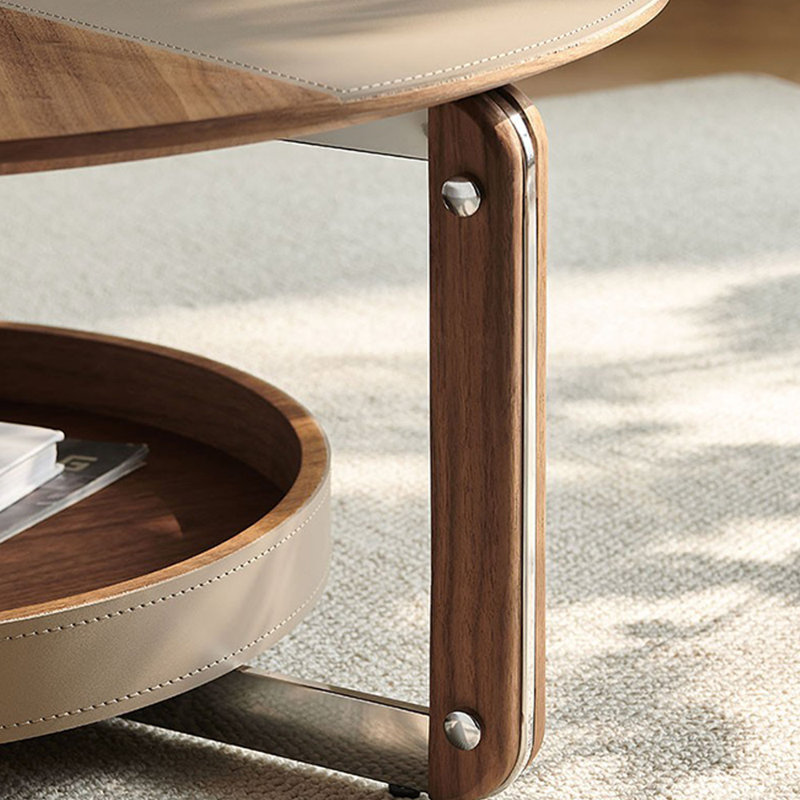 Round Coffee Table Walnut Wood Saddle Leather, 14.56"H x 35.43" L x 35.43" W