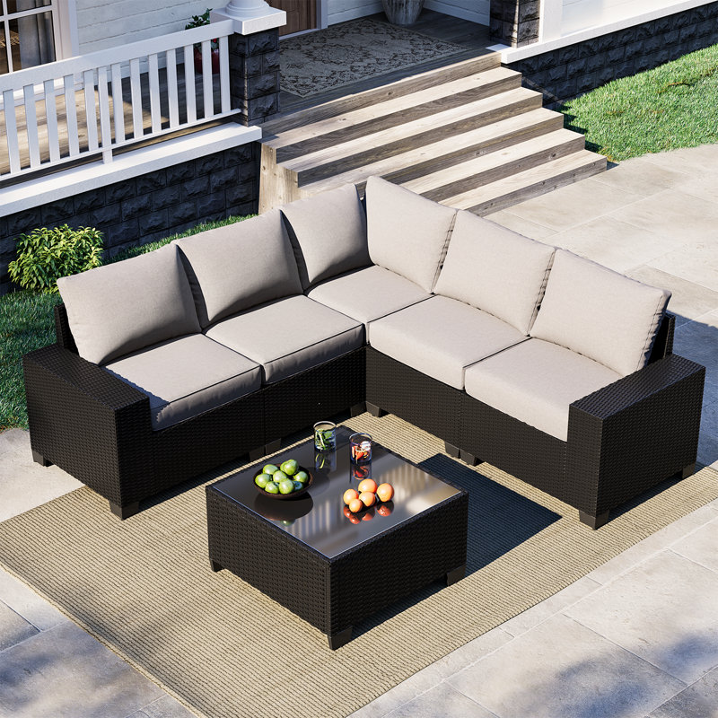 6 Pieces Outdoor Patio Furniture Set, With Cushions And Glass Coffee Table, Pe Rattan Outdoor Wicker Sectional Furniture Sofa Set