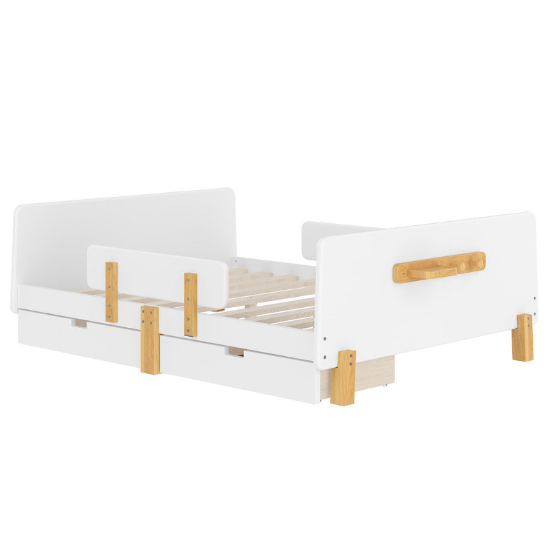Lit plateforme double avec tiroirs de rangement, structure de lit en bois massif avec garde-corps, petite tablette et crochets, aucun sommier nécessaire, blanc