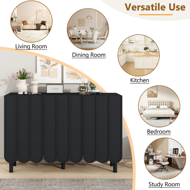 Cream Style Minimalist Shoe Cabinet With 5 Solid Wood Legs, Sideboard Buffet Cabinet With Adjustable Shelves, Large Storage Cabinet With Wave Doors For Living Room