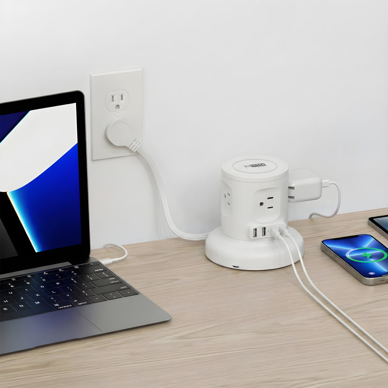Multiprise ergonomique rétractable sans fil Uncage - multiprise 9 en 1 avec chargeur, Blanc