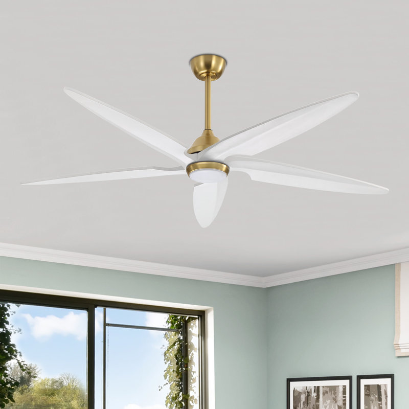 Chanille 5-Blade Solid Wood Ceiling Fan with LED Light and Remote Control, Off White, Gold, 64"