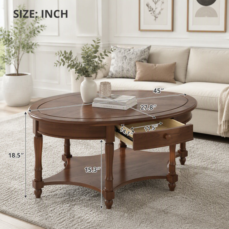 Table basse ovale vintage avec tiroir et tablette de rangement, Dark Walnut